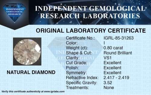 ***IGRL LAB CERTIFIED*** ***R68800*** 0.80ct STUNNING FIRE "I" COLOUR VS1 CLARITY NATURAL DIAMOND