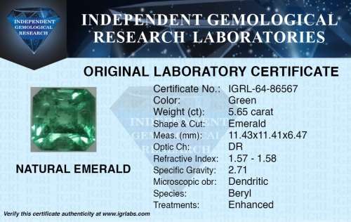 ***Stunning*** ***RARE*** IGRL Lab Certified 5.65 Ct Natural Colombian Green Emerald