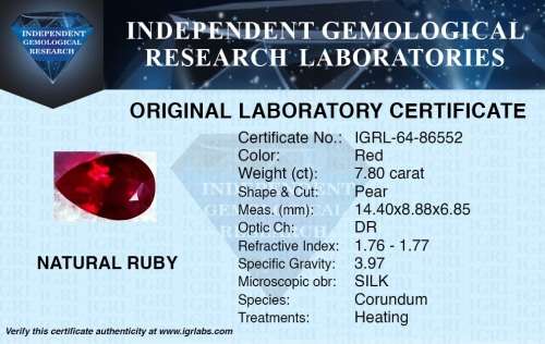 ***Stunning*** ***RARE*** IGRL Lab Certified 7.80 Ct Natural Pear Cut Red Ruby