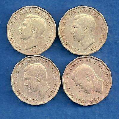 ENGLISH THREEPENCE SET OF 4. 1941 TO 1944. VF