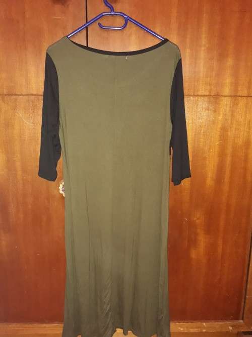 Khaki and Black Dress with Bird design detail.