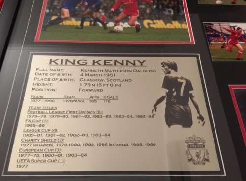 Liverpools King Kenny signed framed photo with stats and COA.