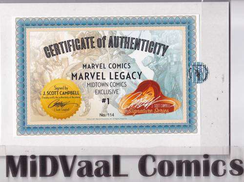 MARVEL LEGACY # 1 MIDTOWN COMICS EXCLUSIVE J SCOTT CAMPBELL COVER SIGNED BY CAMPBELL WITH COA.
