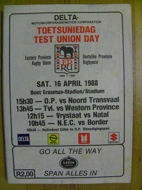 Rugby Programme - 1988 Test Union Day Eastern Province Rugby Union