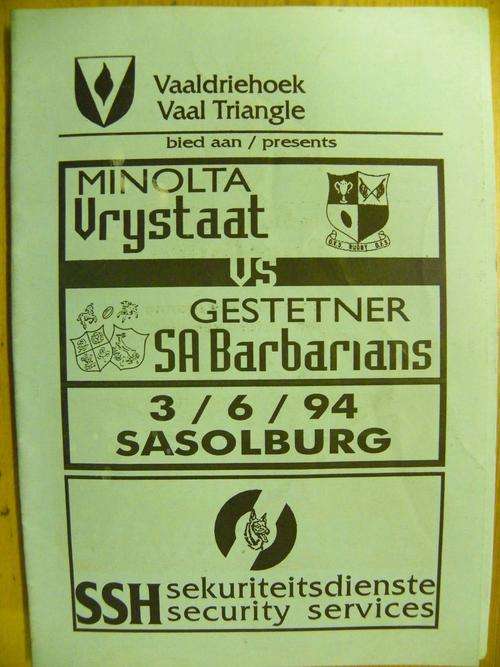 Rugby Programme - 1994 Vrystaat vs S.A. Barbarians