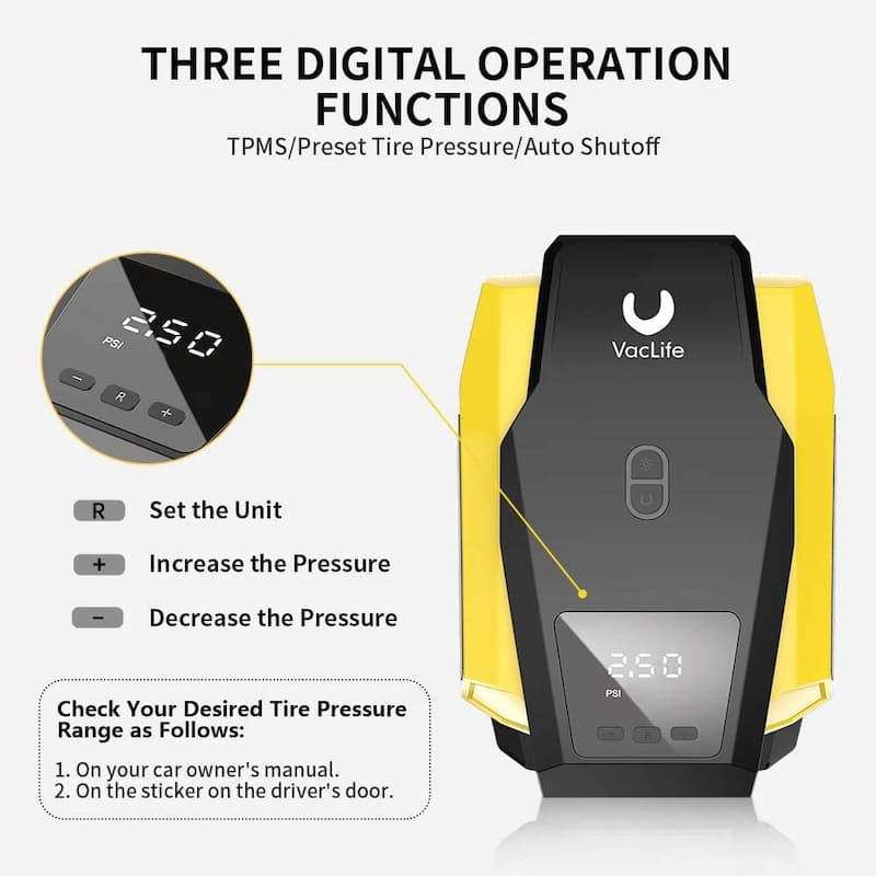 Vaclife 12V Portable Digital Air Compressor and Tyre Inflator with LED Light