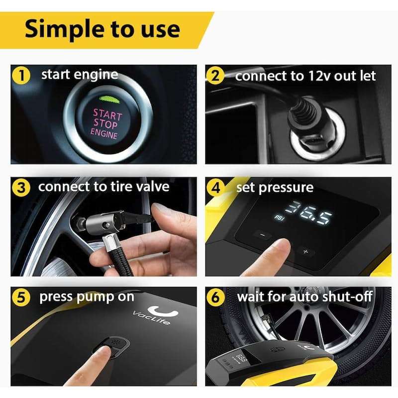 Vaclife 12V Portable Digital Air Compressor and Tyre Inflator with LED Light