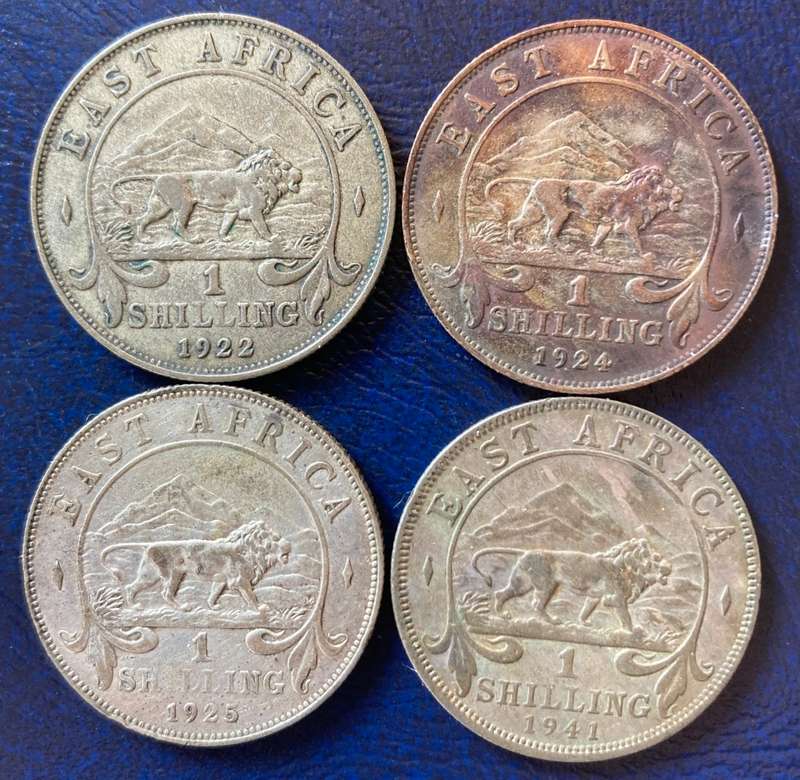 East Africa 1922, 1924, 1925 & 1941 Shillings (.25 Silver)