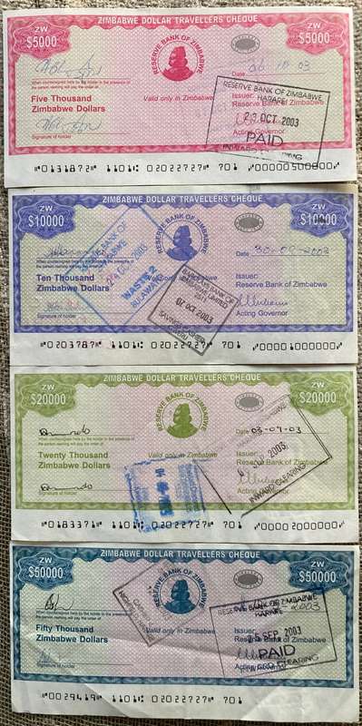 Zimbabwe 2003 Travellers Cheque Lot ($5,000, $10,000, $20,000 & $50,000) RARE