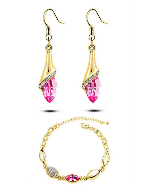 @ Luxury Pink Crystal 18K Gold Plated Earrings+ Bracelet Set in Golden fansy gift box.