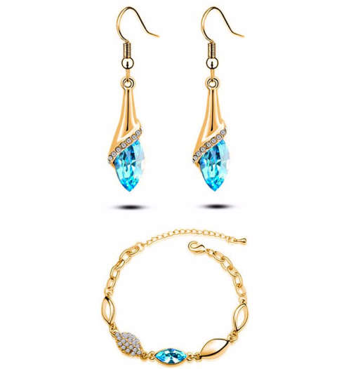 Luxury Sky Blue-Turquoise Crystal Rhinestone Gold Plated Earrings+Bracelet Set in fansy gift box.