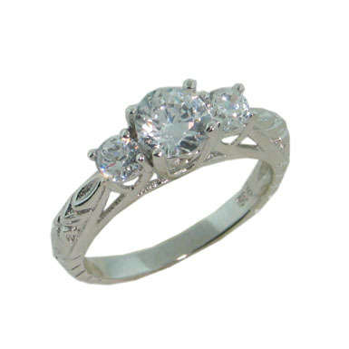 Platinum sterling silver 3 Stone Engraved Royal Ring s8
