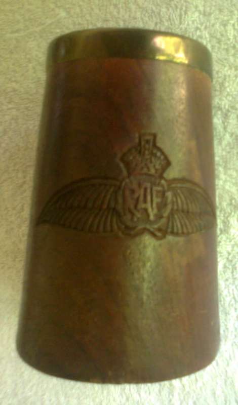 Original WW2 Military Wooden Tankard Royal Air Force RAF- Carved Badge - (Metal inside)