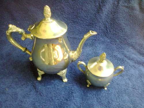 VINTAGE Q & V SILVER PLATED ON BRASS TEAPOT & SUGAR BOWL