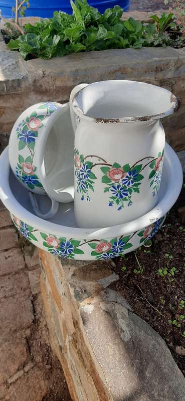 3 PIECE ENAMEL JUG, BASIN and POTTY SET