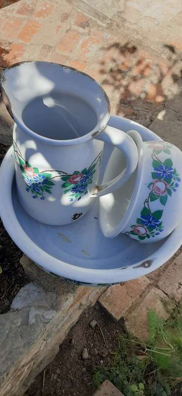 3 PIECE ENAMEL JUG, BASIN and POTTY SET