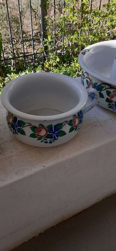 3 PIECE ENAMEL JUG, BASIN and POTTY SET