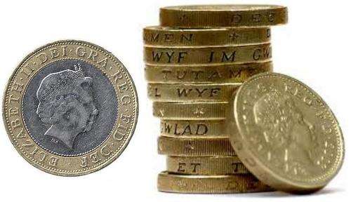 Pound coins in different denominations (circulated)