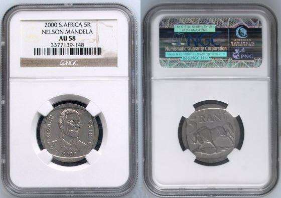CHEAPEST 1 OF THE ONLY 5 ON BOB! VERY SCARCE NOW! NGC GRADED AU58 2000 SMILING MANDELA SMILEY R5 !