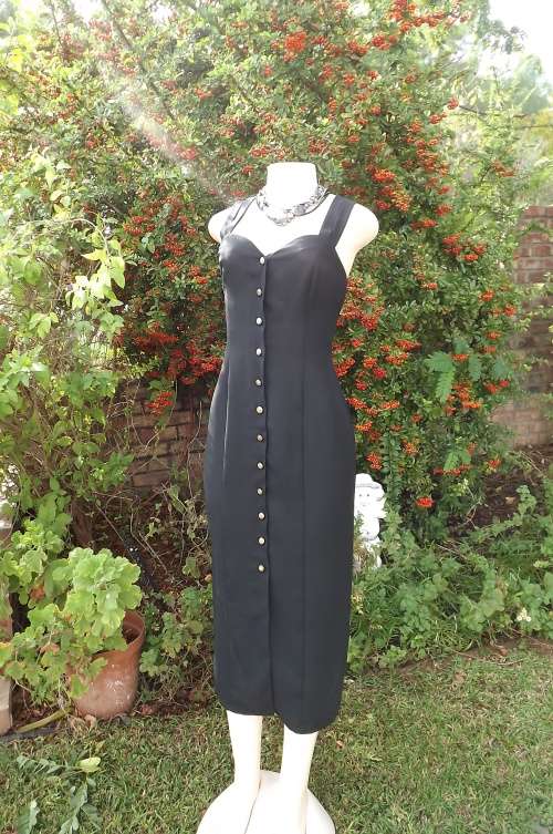 Lovely long black button down princess style sleek dress size 36/12 by Truworths