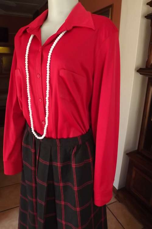 Cherry red stretch polyester/nylon blend long sleeve blouse .Size 42/18 by Truworths