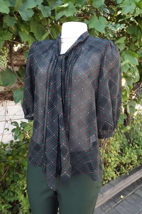 Sheer darkgreen,red and white tartan checked blouse.Size 36/12.tie collar.Elbow length sleeves