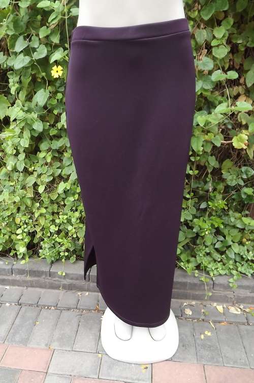 maxi pencil skirt in dark purple with high slit at side.In heavy polyester size 36/12.By INSYNC.