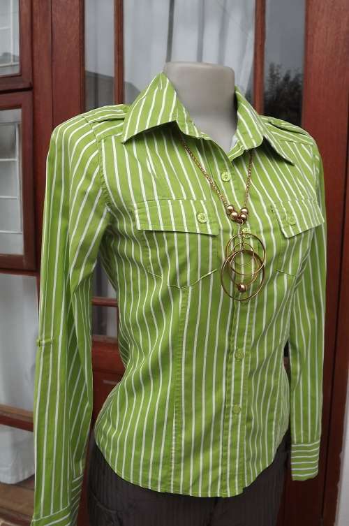 Modern long sleeve stretch cotton styled shirt in bright green and white stripes.Size 32/8
