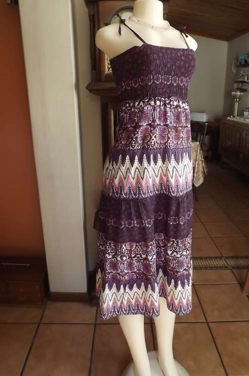 Purple and white tiered summer dress in cotton.Strappy top elasticated.Size 30/6.