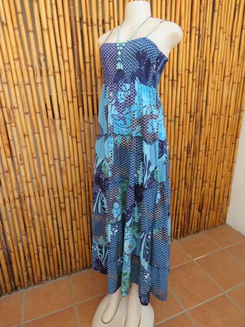 Summer strappy tiered dress in blue and green pattern.Size 38/14.By MILADYS.Elasticated top