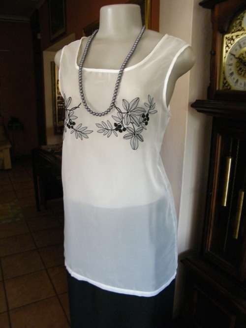 Handmade sheer polyester chiffon sleeveless top.Size 36/12.Light cream with grey applique