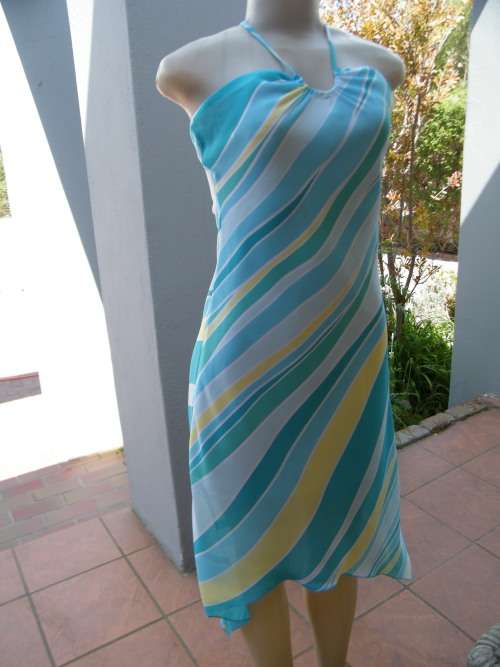 Beautiful blue,green and white horizontally striped summer dress in sheer polyester.Size 31/7