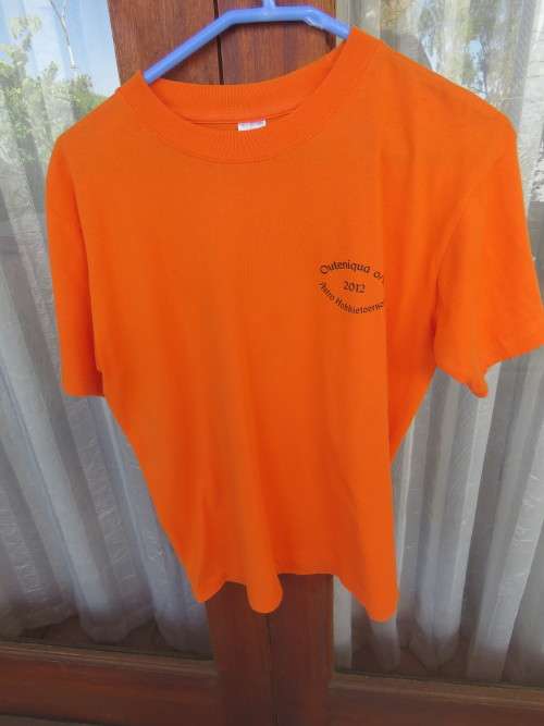 Orange T shirt in 100% cotton with short sleeves in size S.As new. Outiniqua hokkie toernooi 0/16