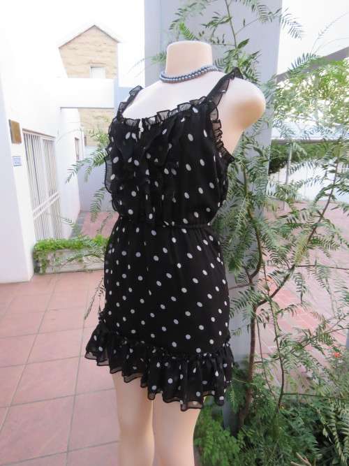 Black and white polkadot summer strappy dress with elasticated waist.Size 32/8 by CHEROKEE