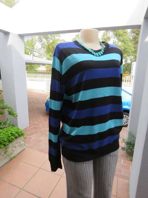 Knitted pull-over cardigan in purple,turquoise and black horizontal stripes by RT DENIM in Large.