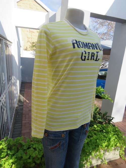 As new long sleeve T Shirt in lemon and white horizontal stripes.Size 35/11 by APPLE PINK. .