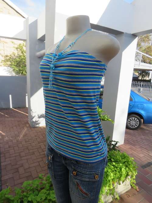 Strapless summer top in blue,grey and yellow horizontal stripes.Size 34/10.New condition.