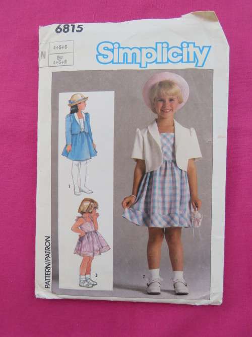 'SIMPLICITY' sewing pattern 6815 for 4,5 and 6 year old girl.Dress and bolero jacket.