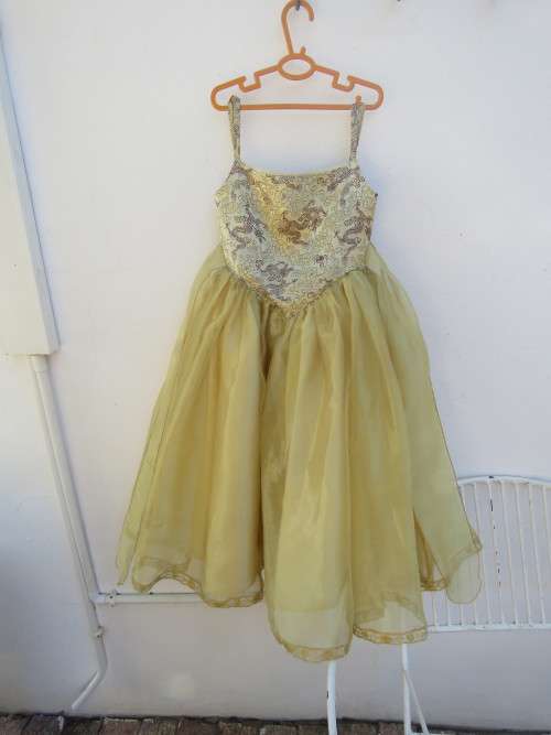 Glitzy dress in sheer gold colour.Suitable flower girl at wedding for 5-6 year old.New condition.