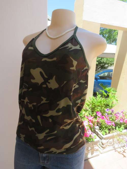 Camouflage army green halter top in size 33/9.In stretch cotton fabric.New top.