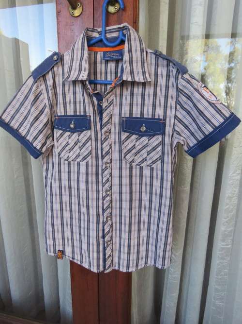 Casual 'JBR' short sleeve shirt in blue and light grey stripes.Size 11-12 yr old.Back yoke.As new.
