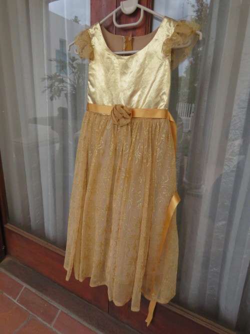 Gold colour girls dress for 5-6 yr old.Top in gold line rayon.Sleeveless with frill.New condition.