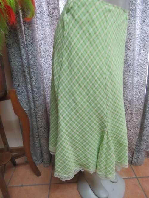 Mint green and white fully lined check kick out skirt with lace on seam Size 34/10 by `PANJIN`.