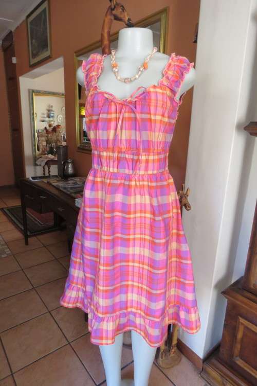 Cute check summer dress in orange,yellow,pink and purple. Size 40/16 by Image. New condition.