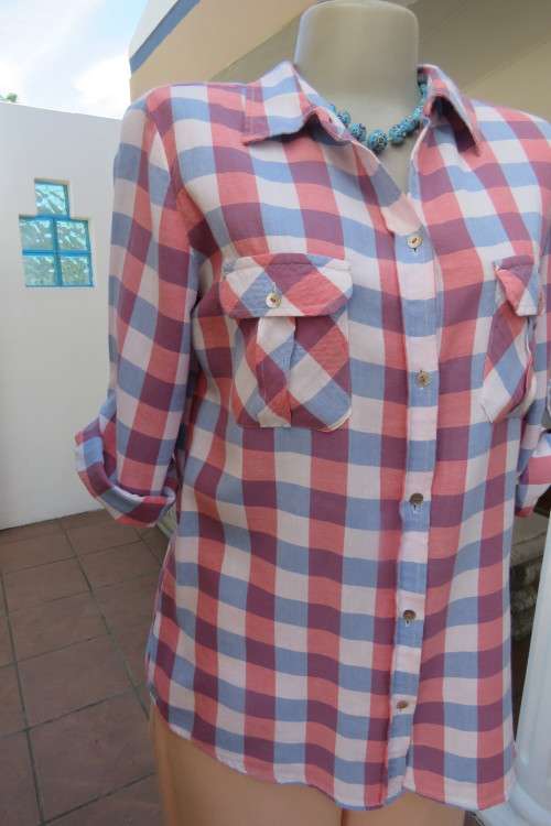 Chic, casual long sleeve 100% soft cotton shirt in blue,white and crimson check. Size 36/12. As new.