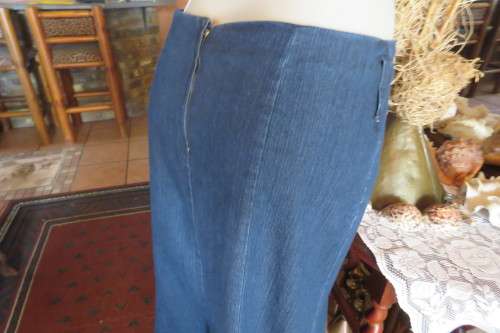 Top of the line ankle length trumpet style cotton stretch denim skirt in size 36/12.