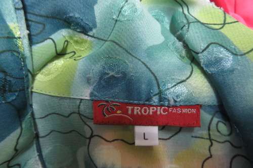 Cheerful summer blouse in medley of greens with black curled lines. Size 44/20.