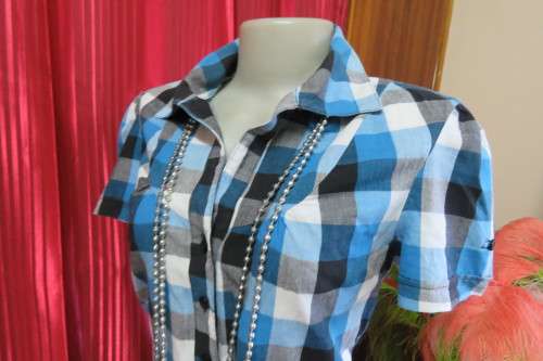 Modern blue, black, grey and white check short sleeve 'Legit' top in size 34/10.