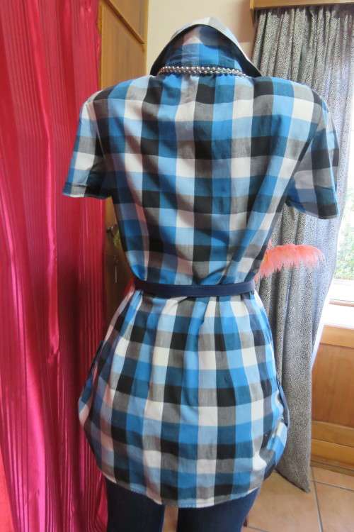 Modern blue, black, grey and white check short sleeve 'Legit' top in size 34/10.
