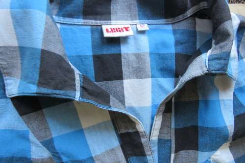 Modern blue, black, grey and white check short sleeve 'Legit' top in size 34/10.